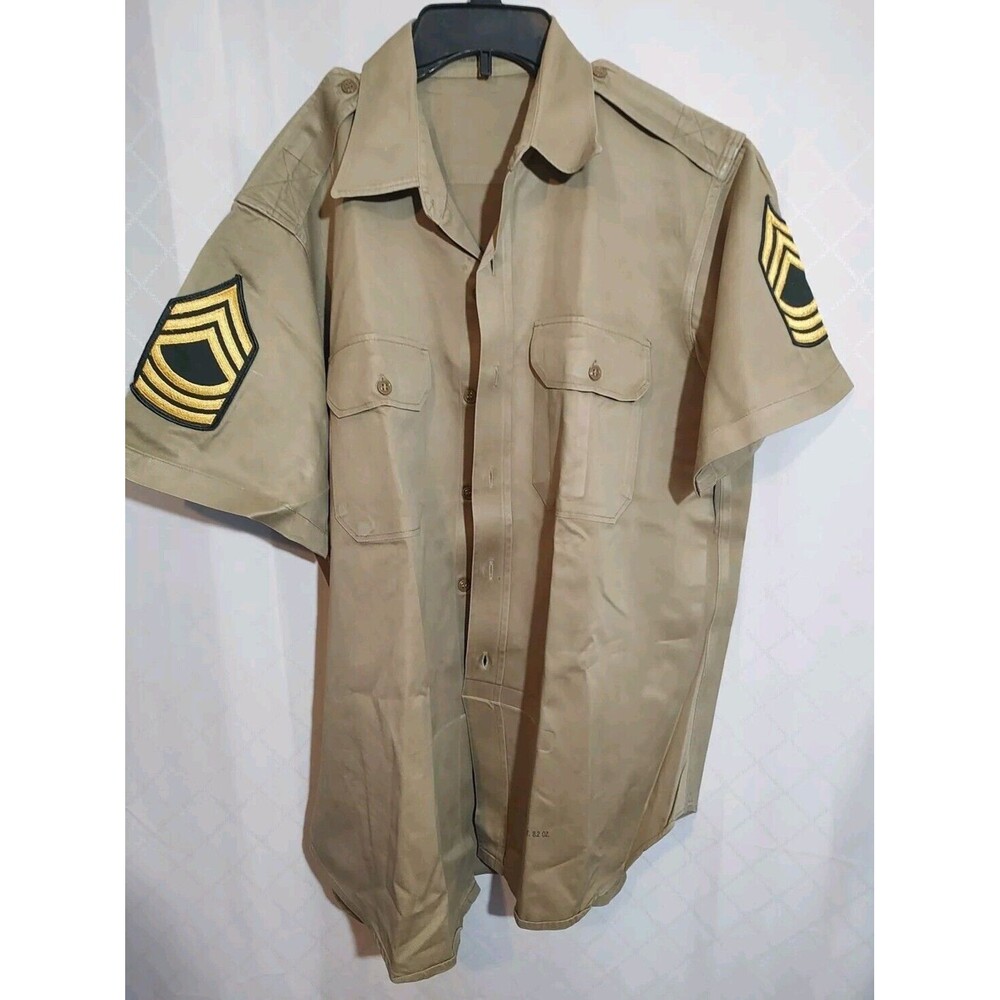 Army Shirt Military Khaki Master Sgt Short Sleeve Button Up Sz M Vintage ￼